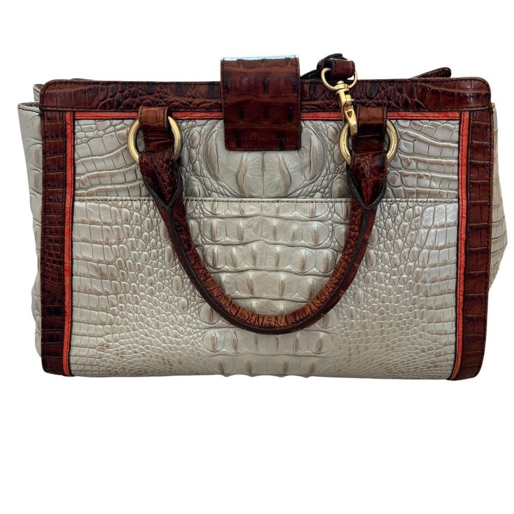 Brahmin Croc Embossed Satchel Bag Womens Medium Beige Brown Top Handle Classic - Picture 2 of 14